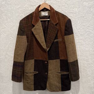 VTG International Scene Brown Patchwork Blazer 12 Tweed Herringbone 90s Cottage